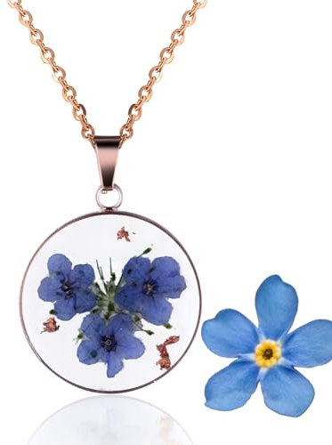 Halukakah Roségold Plattiert Wildblumen-Halskette für Frauen,Handgepresste Vergissmeinnicht und Schafgarbe der Königin Anne,Einzigartiger Harz-Blumenschmuck,Echte Blumen im Fassung-Anhänger,45cm Kette