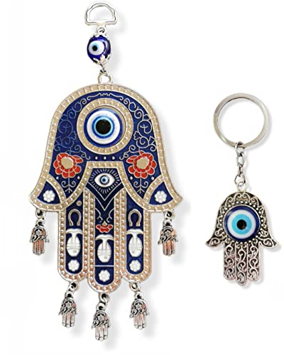 SabelAX Mano Fatima Ojo Turco Colgante Pared. Amuleto para la Casa Protector Hogar + Llavero Mano Fatima Ojo Turco. Buena Suerte Proteccion. Bendicion Hamsa (Colgante 2 + Llavero)