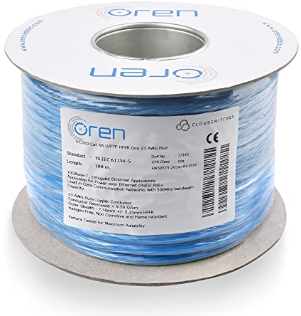 Oren CAT6A 100m Cavo Ethernet – 23 AWG Cavo in Rame Nudo – 500 MHz Larghezza Banda U/FTP Cavo di Rete LAN Internet, senza alogeni, anticorrosivo, antifiamma – 10GbE
