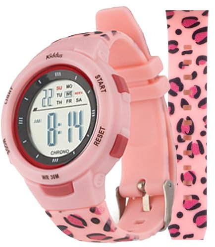 Kiddus Digitaluhr für Mädchen und Jungen von 5 bis 12 Jahren. Mit Stoppuhr, Kalender, Wecker und Licht. Wasserdicht. Beleuchtete LED Sportarmbanduhr für Kinder. Leopard