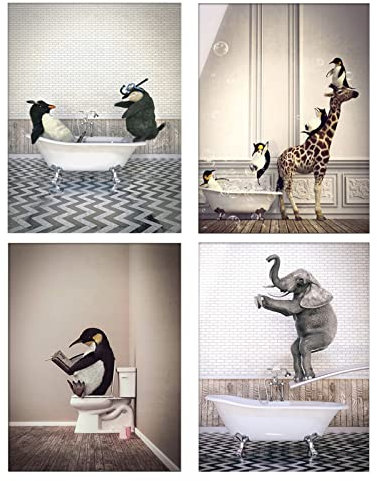 Tier Schwarz Weiß Wand Kunst Drucke, tier in der badewanne Leinwand Bilder Schwarz Weiß Badezimmer Bilder Poster Minimalistische Wohnkultur - Ohne Rahmen (40X60cm*4PCS, Traumbad)