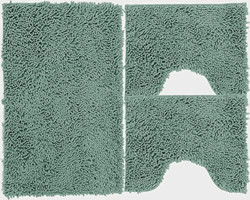 Set Tappeti Bagno 3 Pezzi in Microfibra, Tappeto Pelo Lungo 50x80 cm, 2 Tappetini per WC e Water Forma Rettangolare 40X50 cm, Morbido, Antiscivolo, Verde acqua