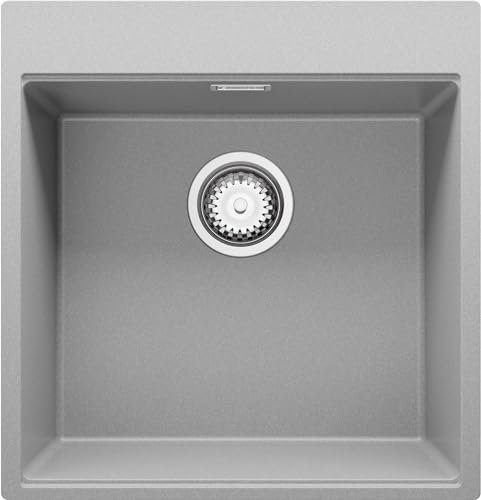 PRIMAGRAN Evier Cuisine en Granit Gris 48x50cm, Lavabo 1 bac + Kit de Vidage + Égouttoir Enroulable, Évier à Encastrer au meuble 50cm - Oslo