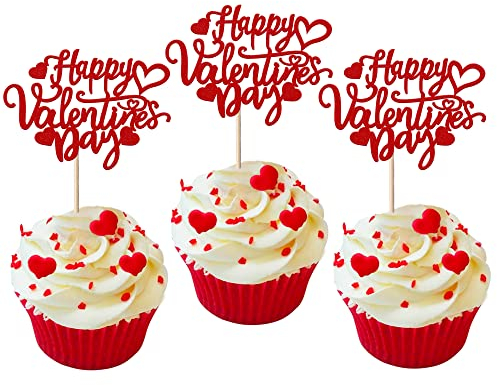 36 Stück Love Heart Happy Valentine's Day Cupcake Toppers Glitter Sweet Love Valentine's Day Muffin Dekorationen für Valentinstag Liebe Thema Baby Shower Kids Birthday Party Kuchen Dekorationen Rot