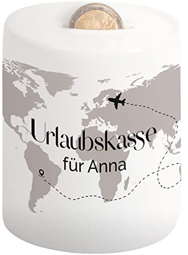 Spardose für Reisekasse „Urlaubskasse Weltkarte“ personalisiert mit Namen oder Reisezielen | Sparbüchse Sparschwein | Geldgeschenke Verpackung | Geschenk Idee für Eltern, Freunde, Kollegen Weiß