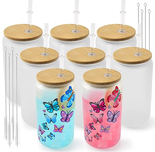 Joyclub 8 Pack Sublimation Glass Cups Blanks with Bamboo Lid 16 OZ Frosted Glass Beer Cans Mason Jar for Iced Coffee Juice Soda Drinks