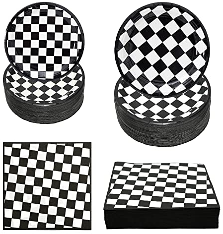 180PCS Race Car Party Supplies Set Serve 60 | Black and White Checkered Flag Paper Plates and Napkins Kit Includes Dinner Plates, Dessert Plates, Napkins | Perfect for Racing Party Birthday Decoration