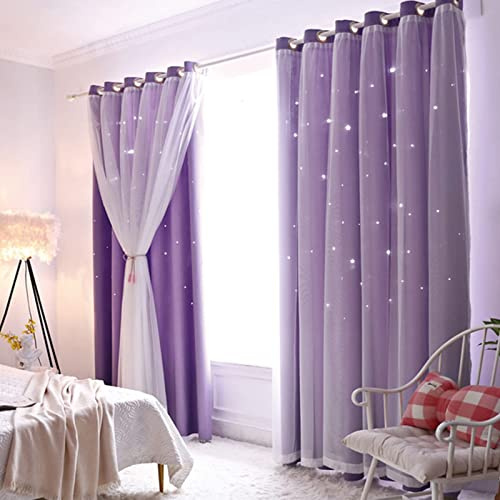 Lanqinglv Verdunkelugsvorhang Kinderzimmer Gardienen 2er Set Sterne Verdunkelung Vorhänge Blickdicht mit Ösen Mädchen Voile Farbverlauf Gardinen Violett (H 275 x B 132 cm)