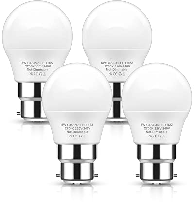 EvaStary 40W Bayonet Light Bulbs, 5W B22 LED Bulbs Bayonet Warm White 2700K, LED Golf Ball G45 P45 Mini Globe Bulb, Energy Saving, Non-Dimmable, 4 Packs