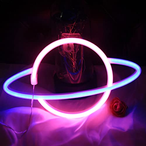 Planet - Targa al neon a LED, per decorazione da parete, funzionamento USB o a batteria, per camera da letto, cameretta dei bambini, soggiorno, bar, Natale, sala giochi (blu e rosa)