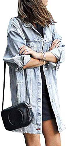 Tinbarry Giacca di Jeans da Donna Lunga Boyfriend Vintage Oversize Transizione Distrutto Cappotto Lungo Corto Ritagliato