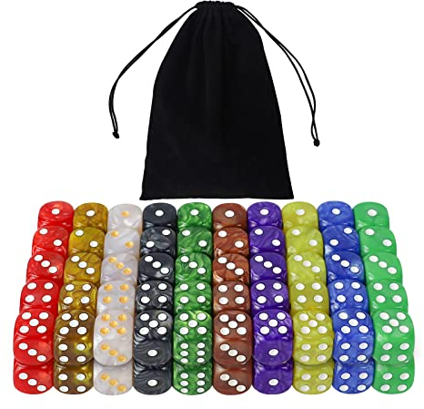 Set di Dadi Acrilici Opachi a 6 Facce da 16 mm per Giochi da Tavolo, Giochi di Dadi, Giochi di Matematica, Con Sacchetto di Velluto Gratuito (100 Dadi perlati)