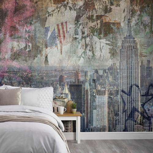 Fototapete Vlies Shabby Skyline New York Graffiti Grau Rot ML3701