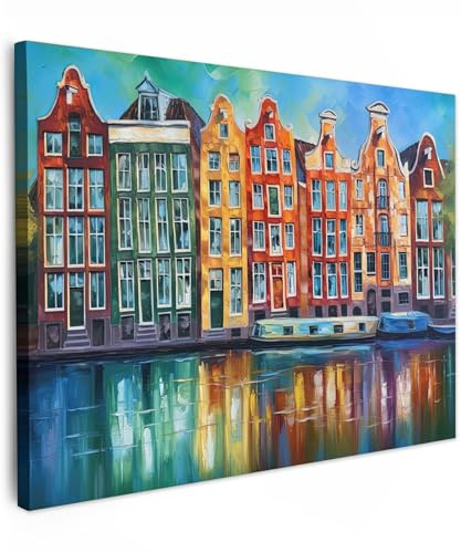 MuchoWow© Leinwände Wall Decoration Bilder Schlafzimmer Deko Pictures | 70x50 cm - Canvas Painting Wanddekoration Wohnzimmer Kunstdruck - Bunt - Amsterdam - Öl - Kanal - Gemälde - Kunst