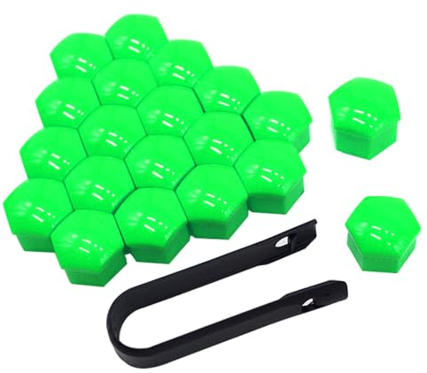 QitinDasen 20 Pièces 17 mm Voiture Roue Cache-Écrous, Bouchon à Vis de Moyeu de Voiture Universel, Cache-Écrou de Pneu Hexagonal avec Outil de Retrait (Vert)