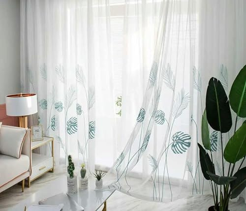 GOPEO Rideau de fenêtre en Tulle brodé de Feuilles de Palmier, pour Salon, Chambre à Coucher, Voile végétal, Rideaux Transparents, Draperies de Cuisine
