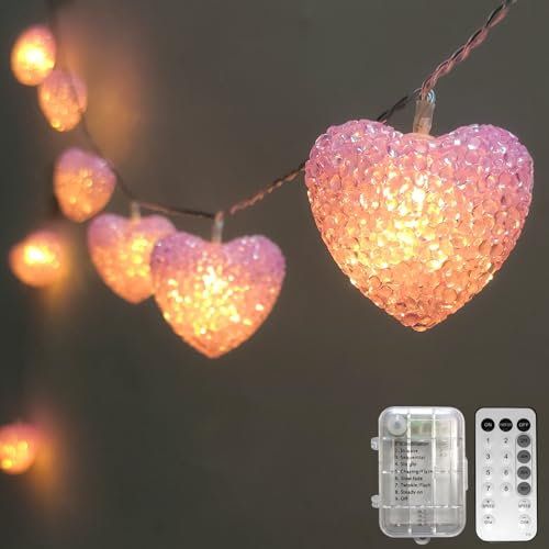 Fonusty Valentines Heart String Lights Battery Operated 6.8Ft 10 LED Shatterproof Pink Heart Lights with Remote Timer, Indoor Outdoor Heart Valentine Lights for Wedding Bedroom Party Valentines Decor