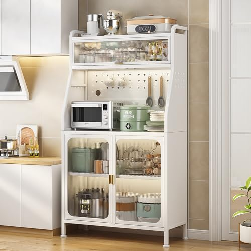 haiorjun Küchenschrank Weiß mit Arbeitsplatte und Rollen, 86x36x160cm Bewegliche Metallschrank mit 2 Türen & Verstellbaren Einlegeböden, Moderner Stil Buffetschrank für Küche Wohnzimmer Esszimmer