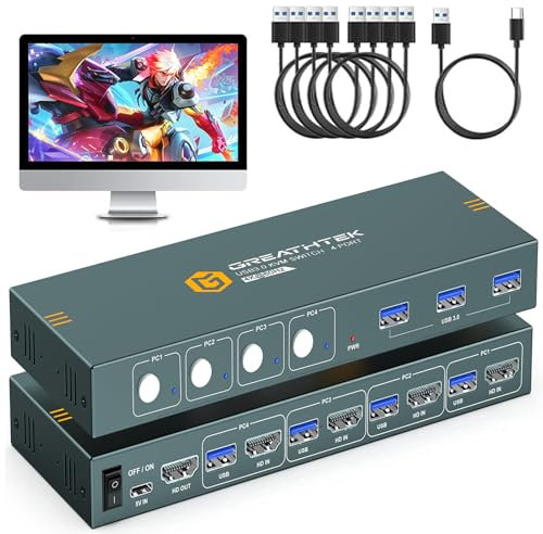 USB3.0 KVM Switch 4 Computers 1 Monitors,4K@60HZ 4 Port HDMI KVM Switches with 3 USB3.0 Ports to Share Keyboard Mouse Printer,4 in 1 Out Monitor Switch