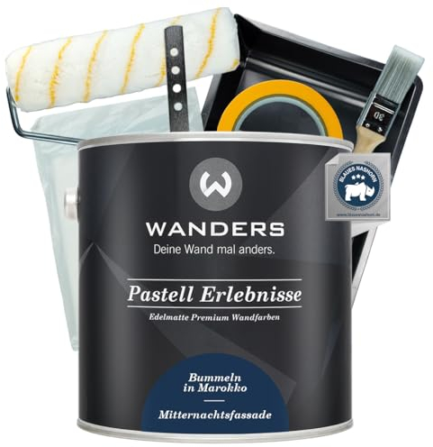 Wanders Pastell Erlebnisse Wandfarbe 2,5L (Mitternachtsfassade, Blau) inkl. Streichset Basic – Premium Kreidefarbe, Leichte Anwendung, Hochdeckend, Ultramatt, Perfekt für Heim-DIY