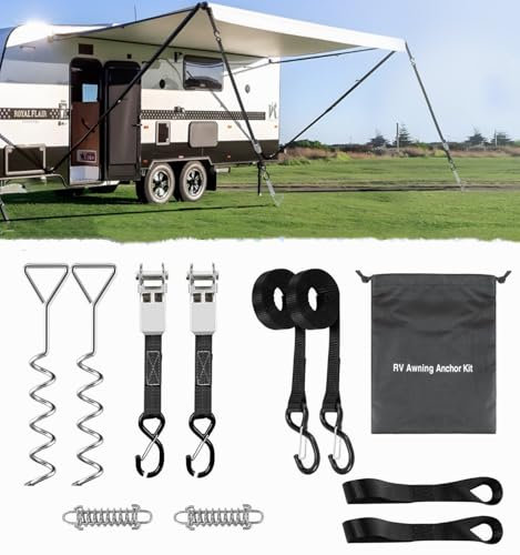 RV Awning Tie Down Kit for Wind-Proof - WanDwel Heavy Duty Camper Anchors Canopy Support Part with Shock Absorbing Spring & 13ft Ratchet Straps for Outdoor Travel Trailer Accessories Set