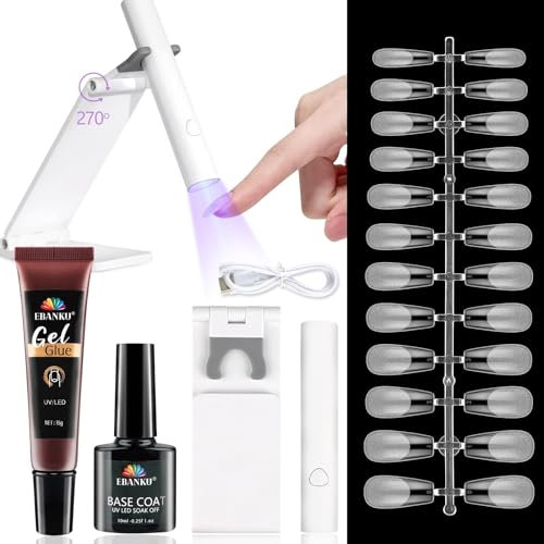 EBANKU Capsule Americaine Ongle Kit, 120P Medium Cercueil Capsule Americaine Ongle Kit Avec Colle Faux Ongles Solide, Base Coat, Mini Lampe à Ongles UV, Gel Nail Extension Kit
