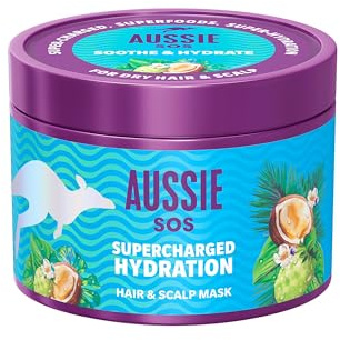 Aussie SOS Hydratation Surpuissante Masque Cheveux Et Cuir Chevelu 500ml, Apaise le Cuir Chevelu Sec et Réhydrate les Cheveux Assoiffés, 100 Heures d'Hydratation, Formule végane