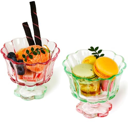 TUCHACA Eis Schüsseln Trinkglas Tassen Set von 2 (Rosa,Grün), Blumen Blütenblatt Stil Gläser, 250ml, Geeignet für Eis, Cocktails, Dessert Mehr.