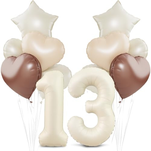 Beige Luftballon 13.Geburtstag,Cremeweiß 13. Geburtstag Ballon Deko,XXL 40 Zoll luftballon 13.，Beige Aprikose Braun Herz Stern Folienballons，für 13 Jahre Geburtstagsdeko Jubiläum Party Dekoration