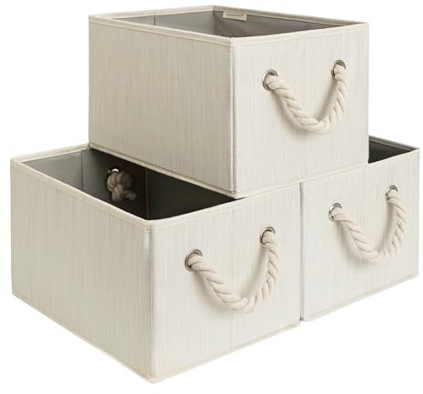StorageWorks Cajas de almacenamiento grandes para organizar, cestas plegables para estanterías, cajas de tela con asas, cestas decorativas para estantes, en beige, blanco y marfil, pack de 3
