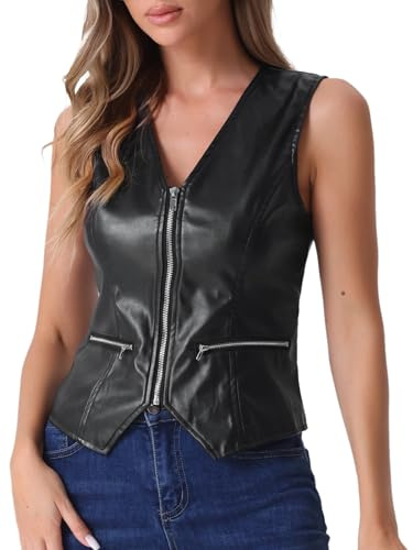 Allegra K Damen Kunstleder Weste V-Ausschnitt Ärmellos Reißverschluss Motorrad Biker Vintage Weste Jacke Schwarz XS