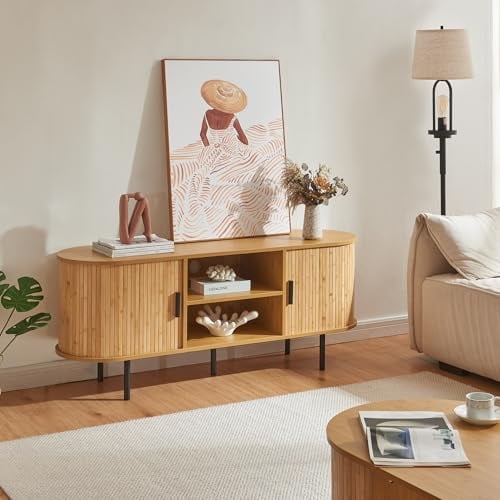 [en.casa] TV Schrank Tvedestrand Lowboard mit 2 Schiebetüren und 2 Ablagefächern Bambus Fernsehschrank 140 x 40 x 55 cm Sideboard Kommode mit Metallgestell Fernsehtisch Naturfarben