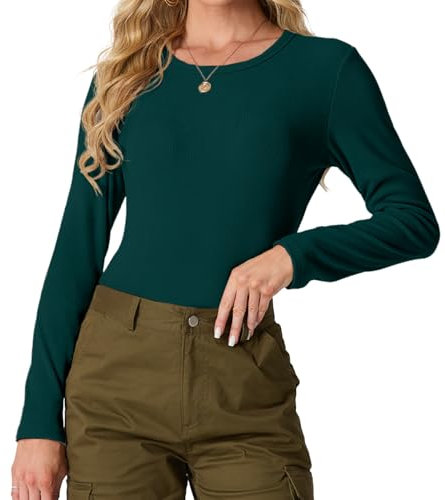 IWOLLENCE Basic Tops Women Ribbed Knit Round Neck Long Sleeve T Shirts Women Basic T-Shirt Y2k Slim fit Tee Tops (Dark Green, M)