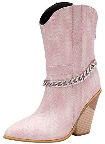 Stivali da cowboy da donna, comodi, retrò, a punta, tacco grosso, stivali a metà polpaccio, stivali aperti da donna con tacco, rosa, 40 EU