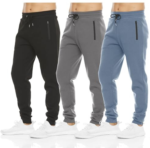 Pure Champ Lot de 3 Pantalons de Jogging en Polaire pour Homme avec Poche zippée et Cordon de Serrage, Taille S à 3XL, Noir, Gris foncé, Bleu céleste, Taille M