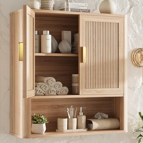 INNOD Bathroom Wall Storage Cabinet, Medicine Cabinet with Adjustable Wood Shelf & Doors, Over the Toilet Storage Cabinet for Laundry Room & Living Room Kitchen Storage Islands (Natural Oak)