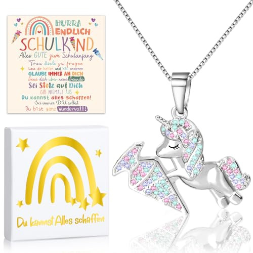 iZoeL Einschulung Geschenk Mädchen Einhorn Halskette Schultüte Füllung | Einhorn Halskette, Glücksbringer, Einschulung Geschenk Mädchen, Schulkind Grußkarte & Geschenkbox für Schulanfang