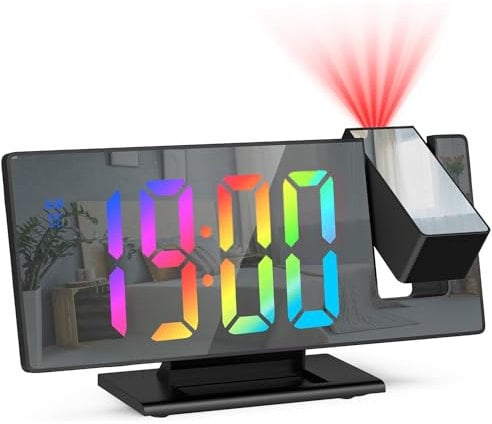 Titifeya Projection Alarm Clocks Digital LED Bedside Clock for Bedroom with Colorful Digit Adjustable Brightness Snooze 12/24H Temperature Mirror Display for Home Office Living Room