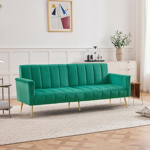 UIXENI Velvet Fabric Sofa Bed with Sleep Function, Adjustable Backrest Corner Sofa Guest Sofa (Green)