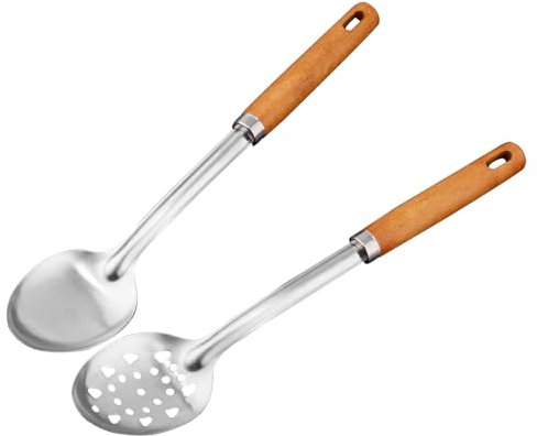 Gosknor Cooking Spoons Set, Stainless Steel and Wood Large Kitchen Spoons for Cooking with Comfortable Handle Solid Slotted Serving for Mixing Stirring Gifts Home Restaurant(Dark Wood)