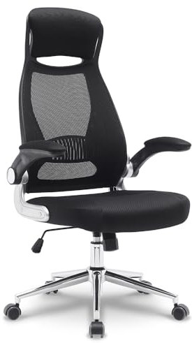 Waytex Fauteuil de Bureau Ergonomique Tissu Résille, Dossier Haut avec Appui-Tête Intégré, Accoudoirs Relevables, Soutien Lombaire, Réglable en Hauteur, Pied Métal Chromé – Noir