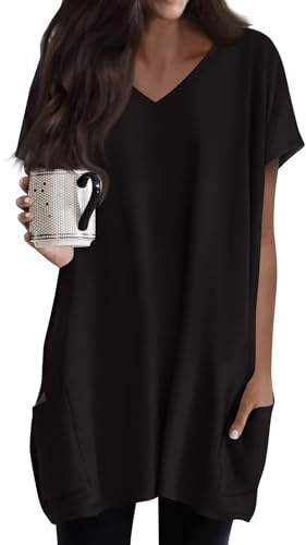 Tunika Damen Sommer Longshirt Lässig Für Leggings Strand Oberteil Mit Taschen Einfarbig Longbluse Lose Tunika Basic T-Shirt Elegant Sweatshirt