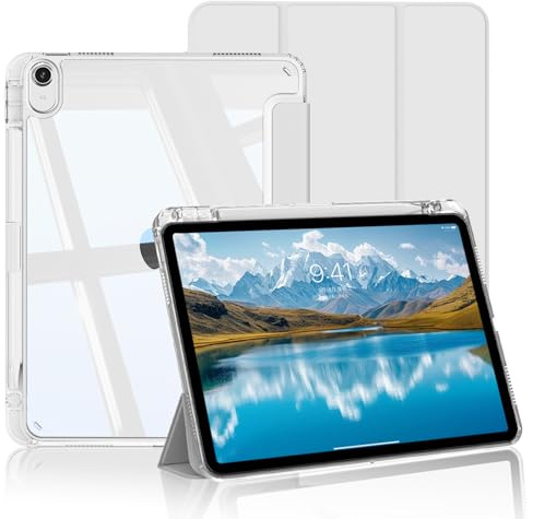 BQDIYOO Coque pour iPad (A16) 11ème/iPad 10ème Gén 2025/2022,Gris | avec Porte Pencil, Coque Rigide Transparente à l'arrière, Réveil/Sommeil Auto,Support 3 Volets