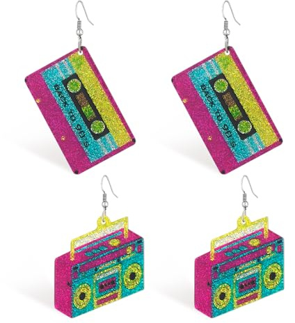 HMCEY 2 Paare Retro Ohrringe 80er Jahre Damen,90 Er Jahre Accessoires Ohrringe Kassettenband,Ohrhänger Kassette,Ohrringes Neon Vintage,Hängeohrringe Frauen,Ohrringes Schmuck für Party Zubehör