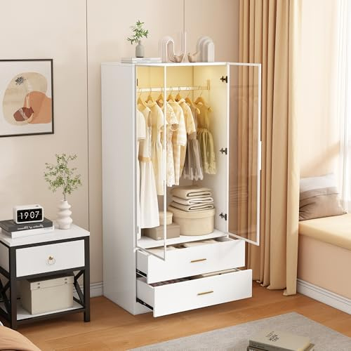 Marooma Armoire moderne blanche avec lumière LED et portes en verre - Penderie à 2 portes - Avec tringle à vêtements et 2 tiroirs - Pour chambre à coucher, dressing et chambre d'enfant (blanc-A, 80 x