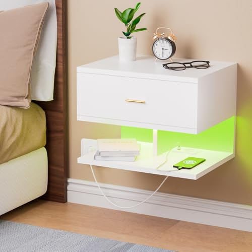 Nachttisch Hängend mit RGB LED-Beleuchtung & 1 AC-Steckdose/2 USB-Anschlüsse, Nachtkästchen Schwebend mit 1 Schublade & 2 Offenen Ablagen, 40 x 30 x 30 cm, Geeignet für Schlaf & Wohnzimmer (Weiß)