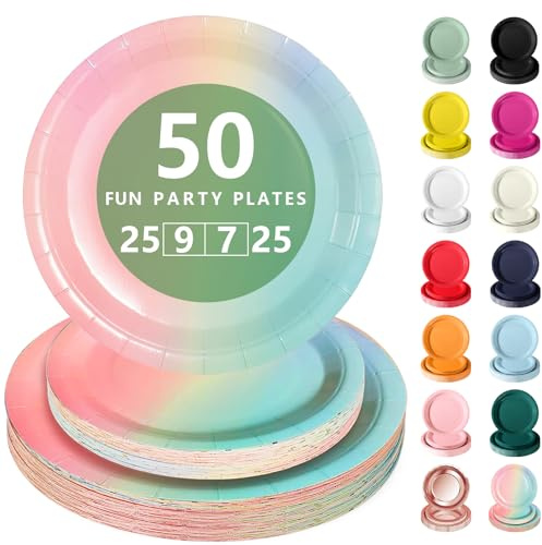 Nkaiso 50 Pcs Rainbow Disposable Party Paper Plates Set | Party Supplies- 25x9inch & 25x7inch Plate Elegant Disposable Tableware for Birthday, Wedding, Shower