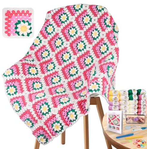 Coopay Granny Square Häkelset für Anfänger, Häkel Set für Gänseblümchen Decke 3D, Komplett Häkelset mit Häkelnadel, Häkelgarn, Häkel Set mit Schritt-für-Schritt Videoanleitung, Häkeln Lernen - Rosa