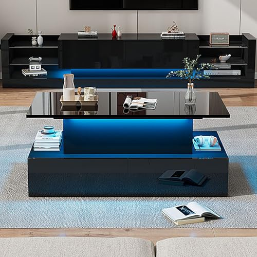 Quiaviank Lifting Coffee Table with 4 Drawer Storage and Hidden Storage, High Gloss Lift Up Center Table With LED RGB Lights, Tea Table For Living Room, Office, Black
