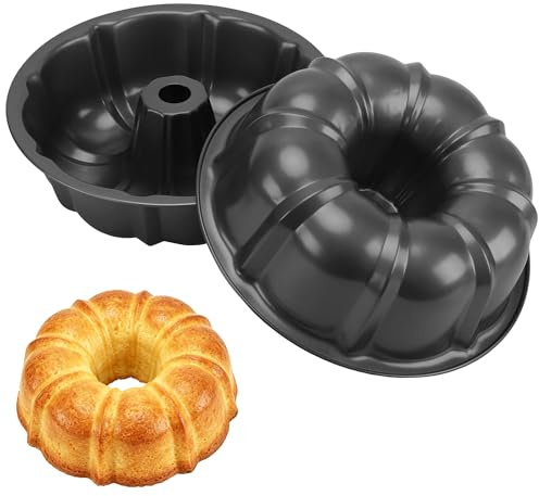 CHEUNGR Fluted Ring Cake Tin, 10 Inch Non-Stick Fluted Cake Pan, 2 Pack Carbon Steel Round Baking Mould for Cake Bread, Black